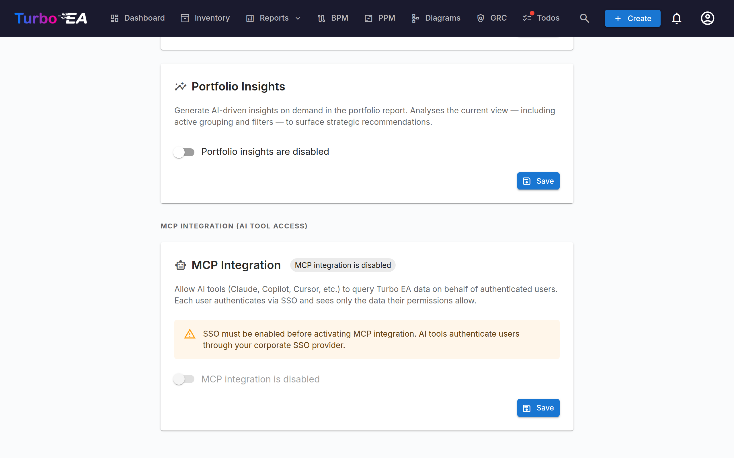 MCP Integration section on the AI settings tab