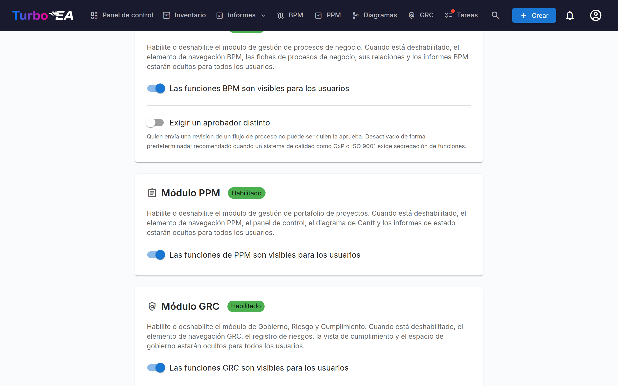 Interruptores de módulos en Configuración → General