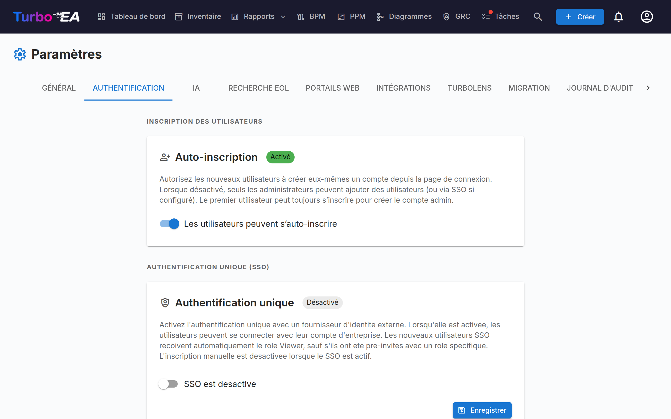 Paramètres d'authentification et SSO