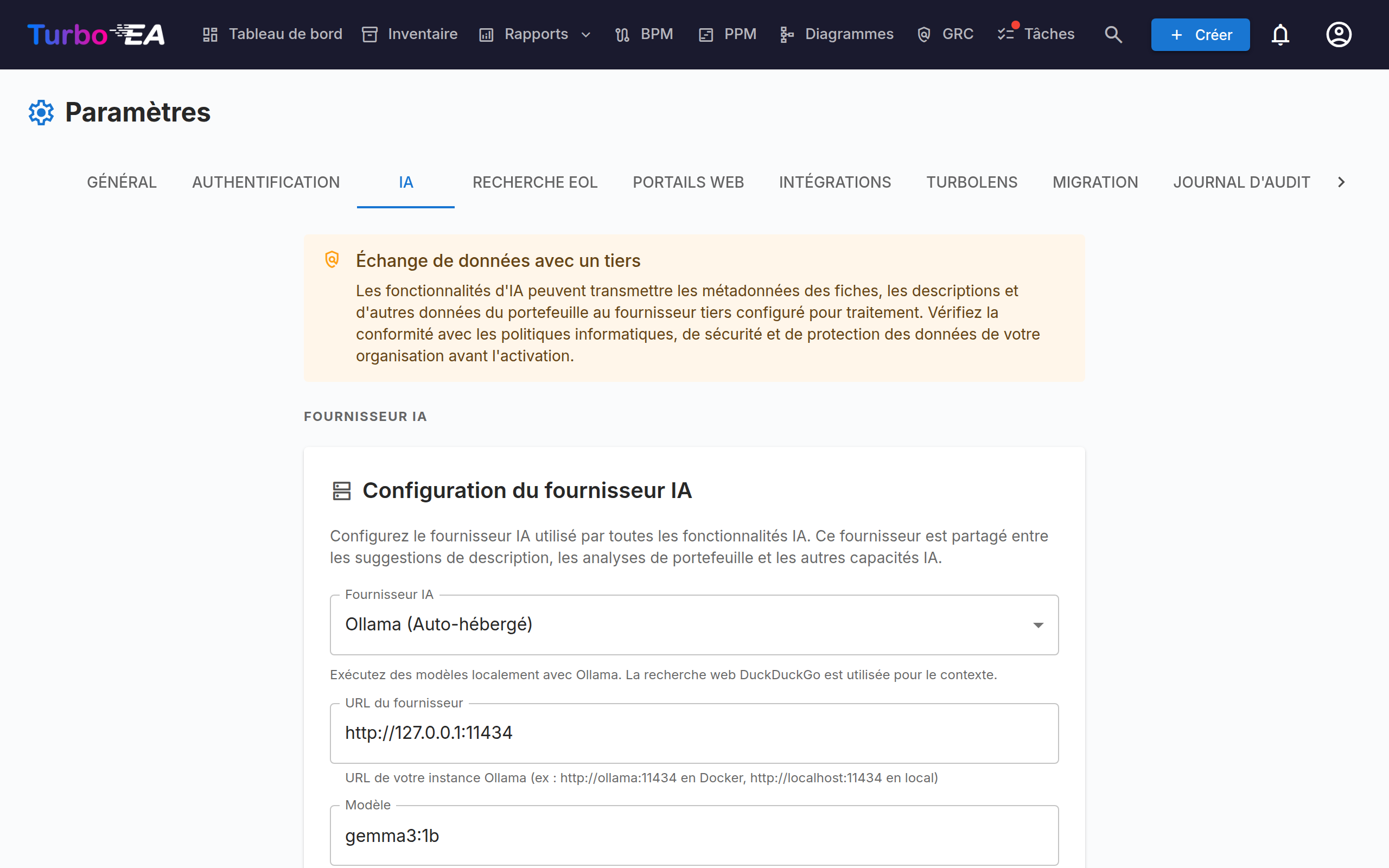 Paramètres de suggestion IA