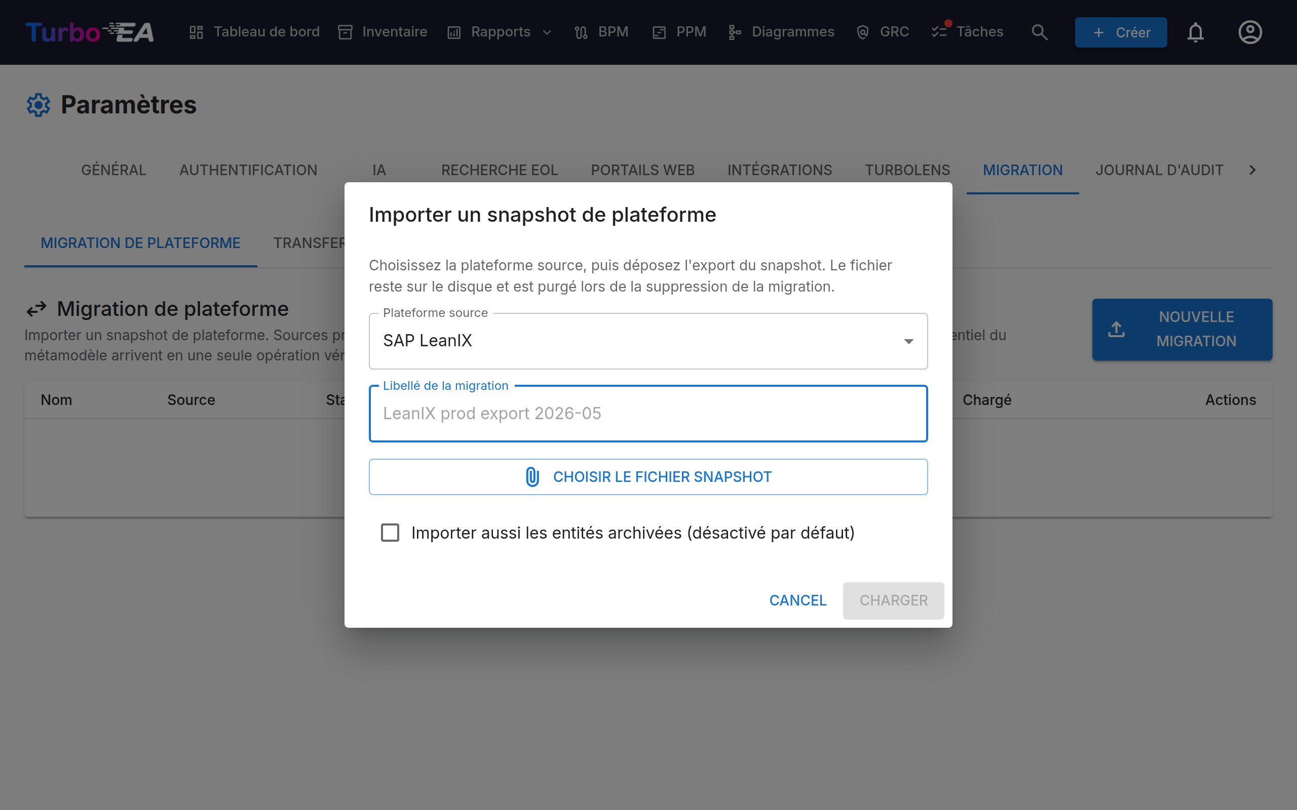 Démarrer une migration LeanIX dans Paramètres → Migration