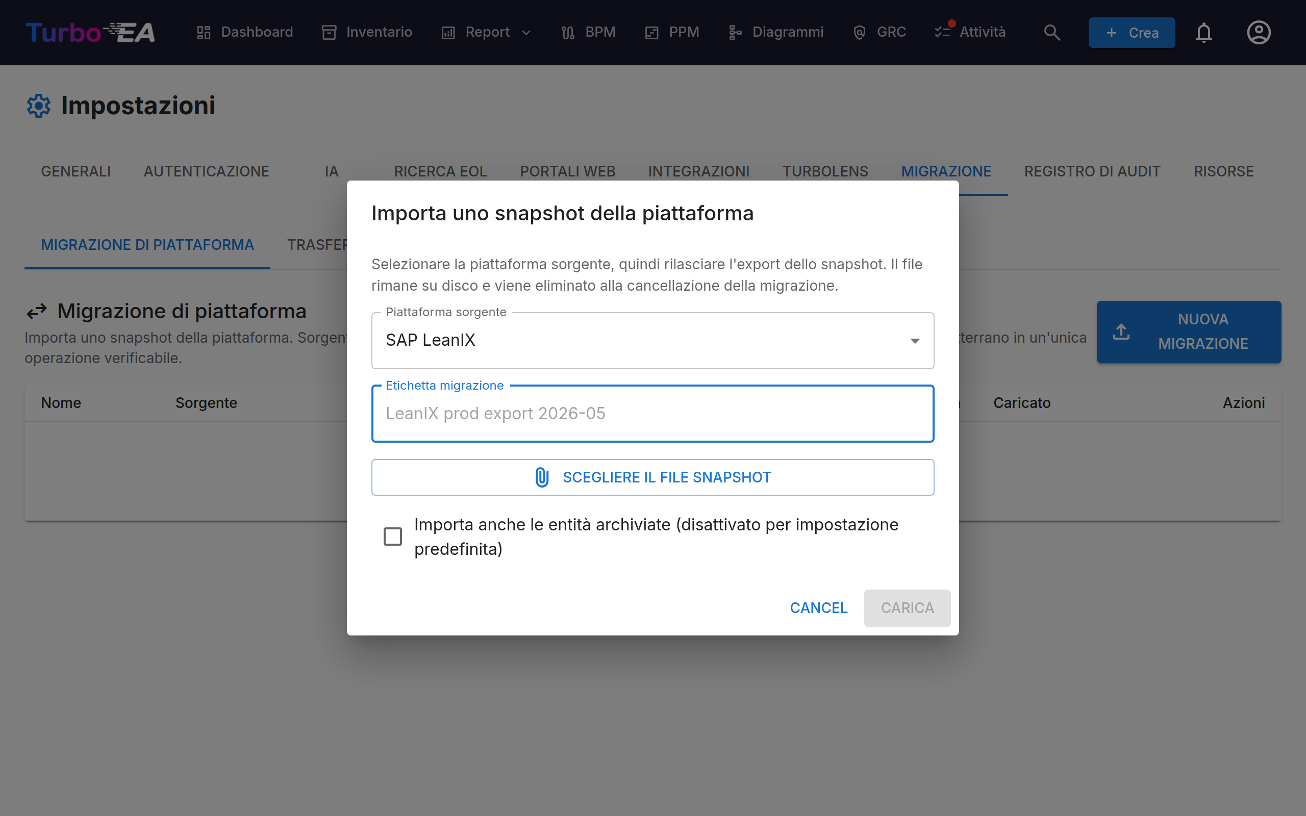 Avviare una migrazione LeanIX in Impostazioni → Migrazione