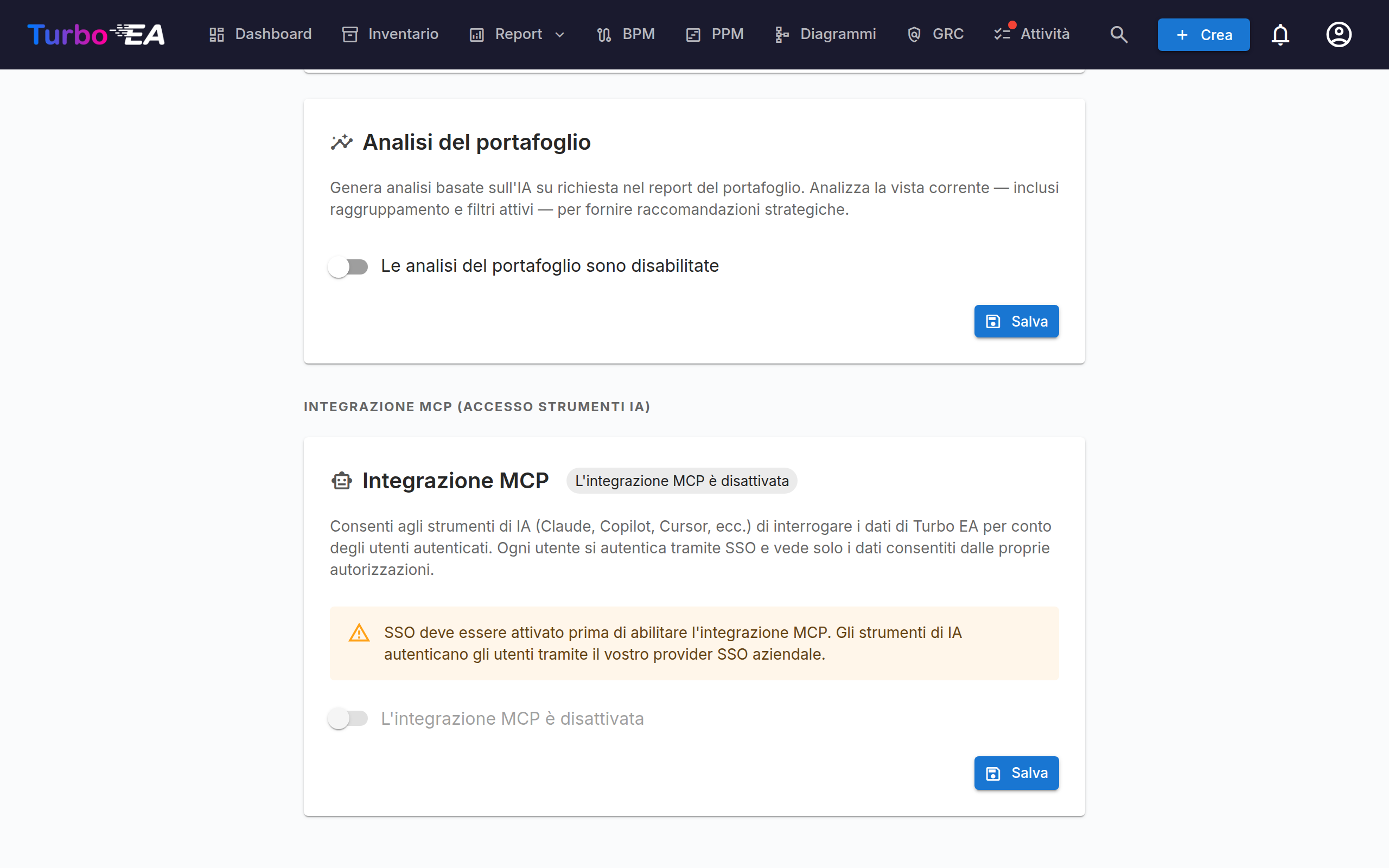 Sezione Integrazione MCP della scheda IA
