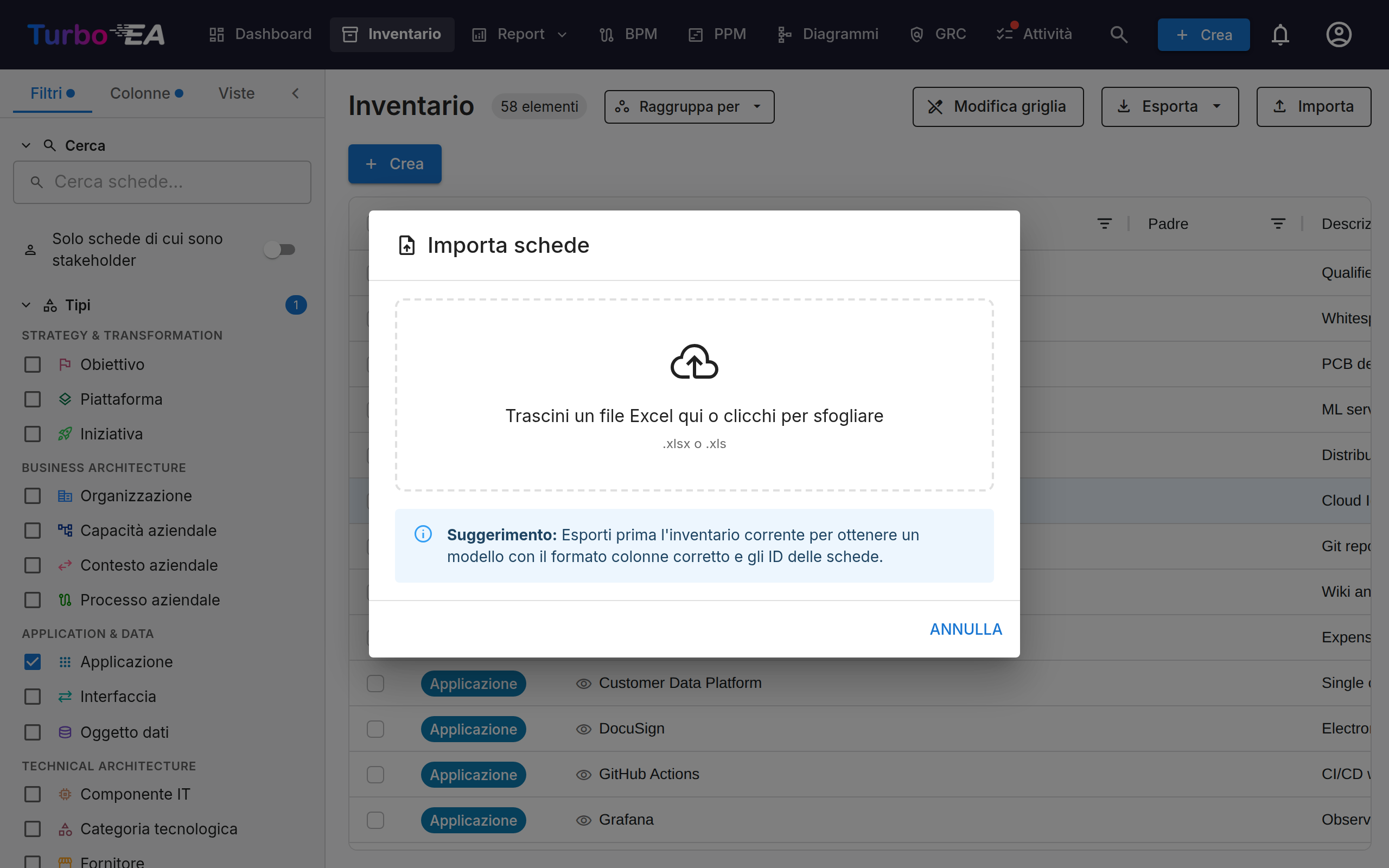 Finestra Importa schede