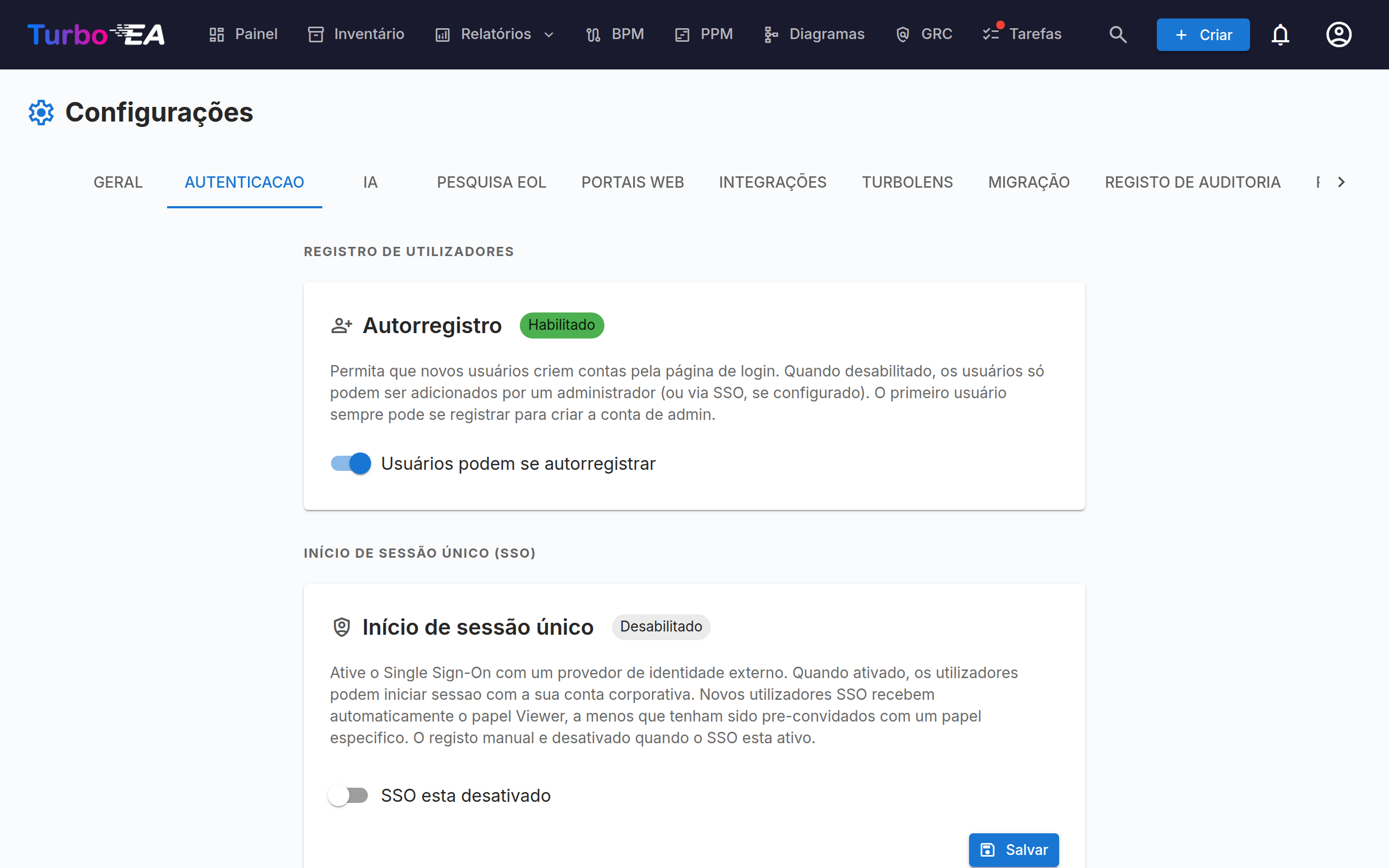 Configurações de Autenticação e SSO