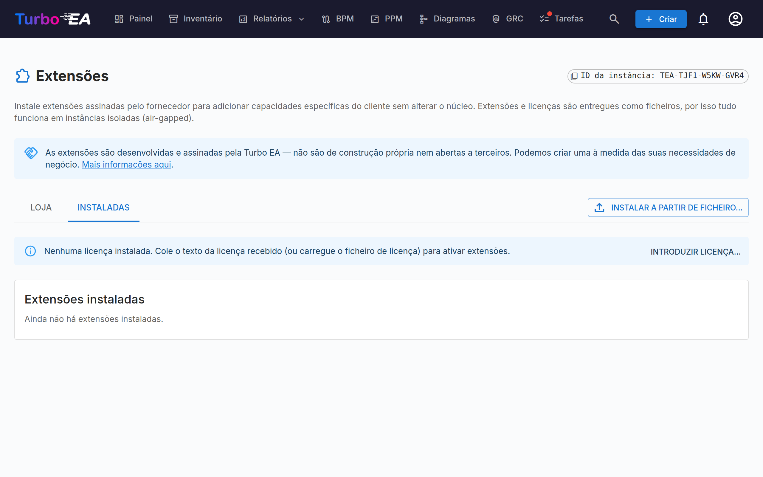 Extensões — aba Instaladas com o ID da instância